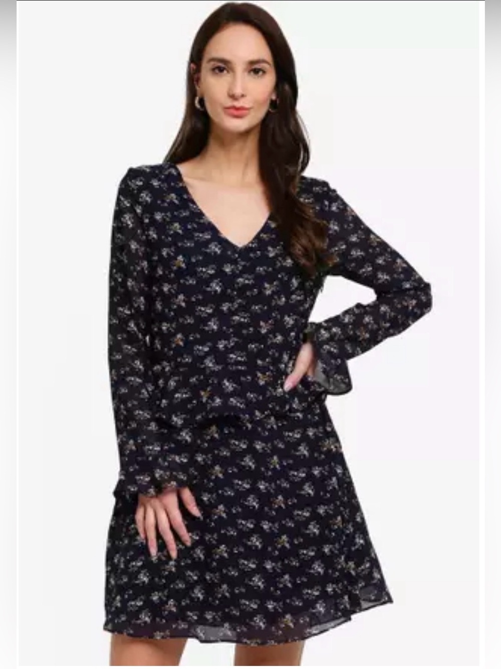 Brave Soul Navy Floral V-Neck Long Sleeve Dress
